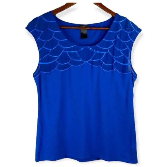 ANN TAYLOR Embroidered Tank Top Royal Blue Scallop Pattern Cap Sleeve Size L - Picture 2 of 9